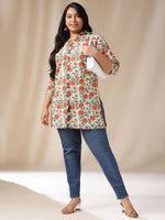 Thumbnail for Janasya Regular Cambric Cream Floral Shirt Collar Tunic - Distacart