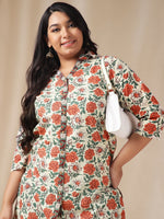 Thumbnail for Janasya Regular Cambric Cream Floral Shirt Collar Tunic - Distacart