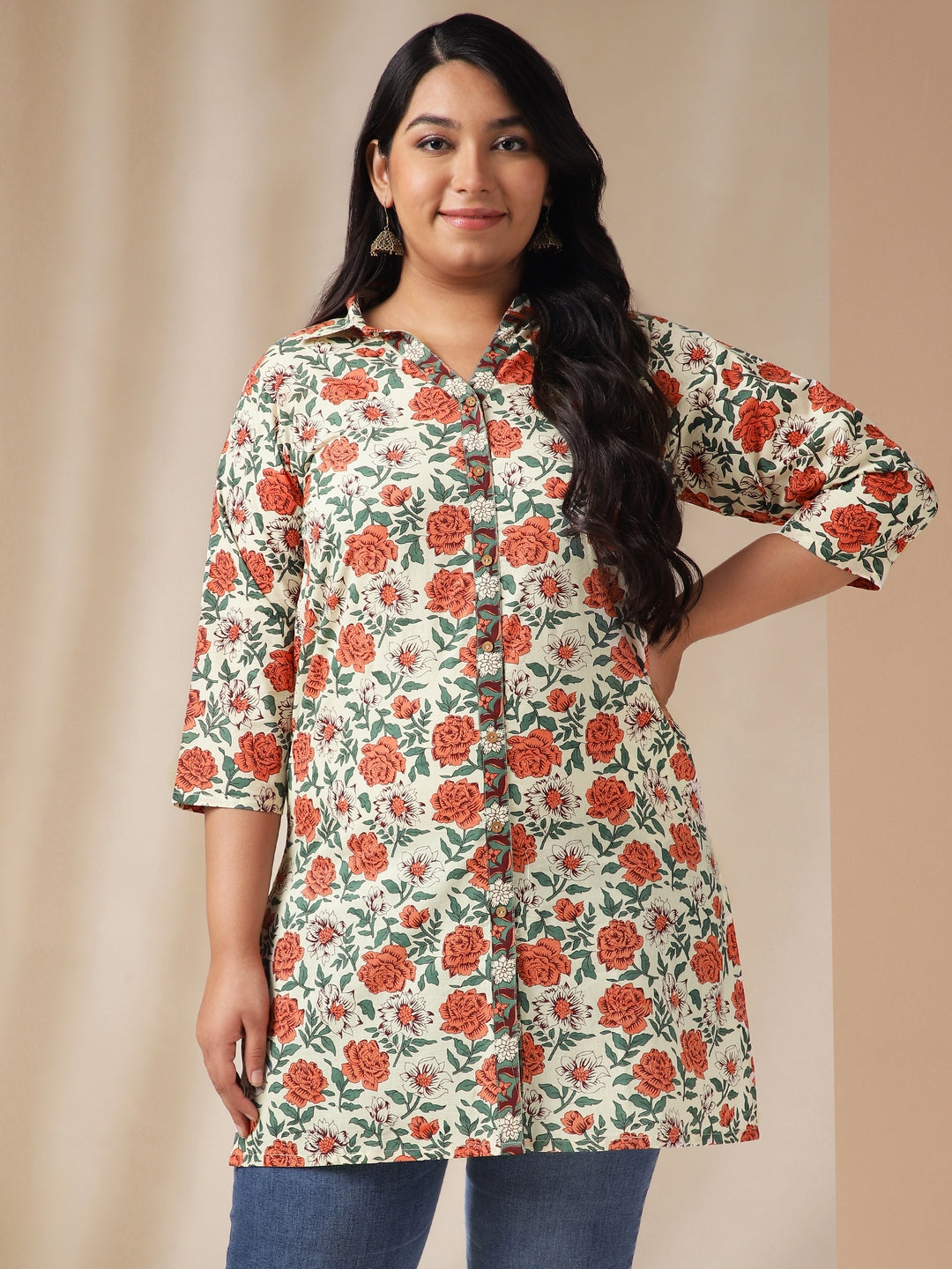 Janasya Regular Cambric Cream Floral Shirt Collar Tunic - Distacart