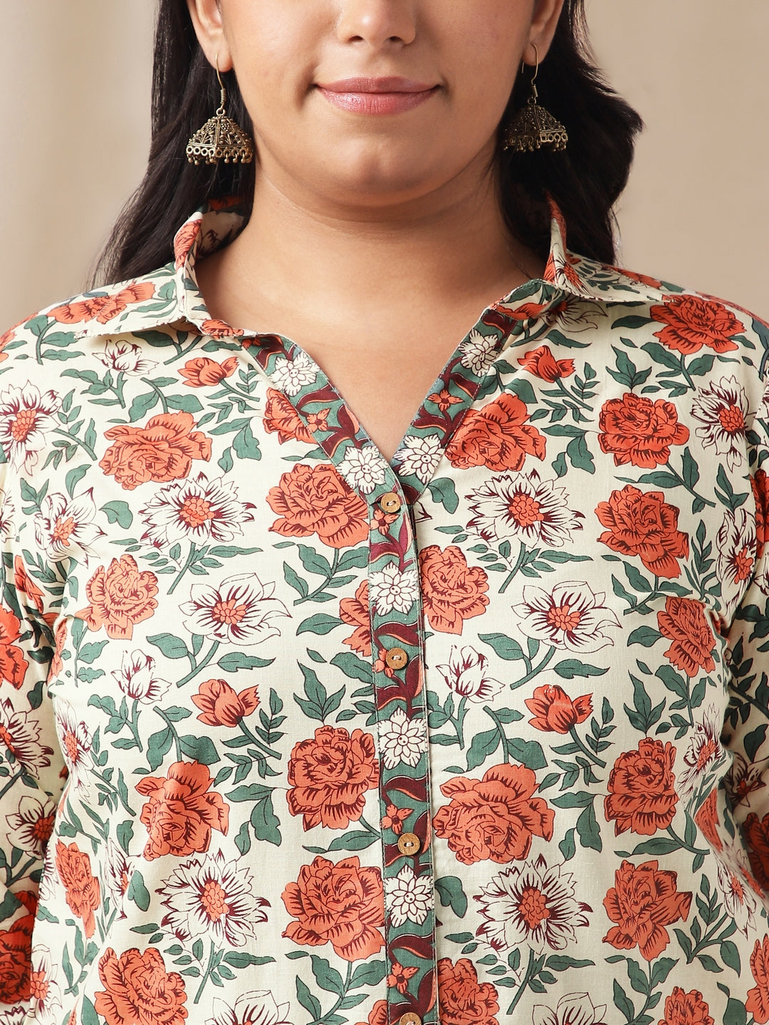Janasya Regular Cambric Cream Floral Shirt Collar Tunic - Distacart