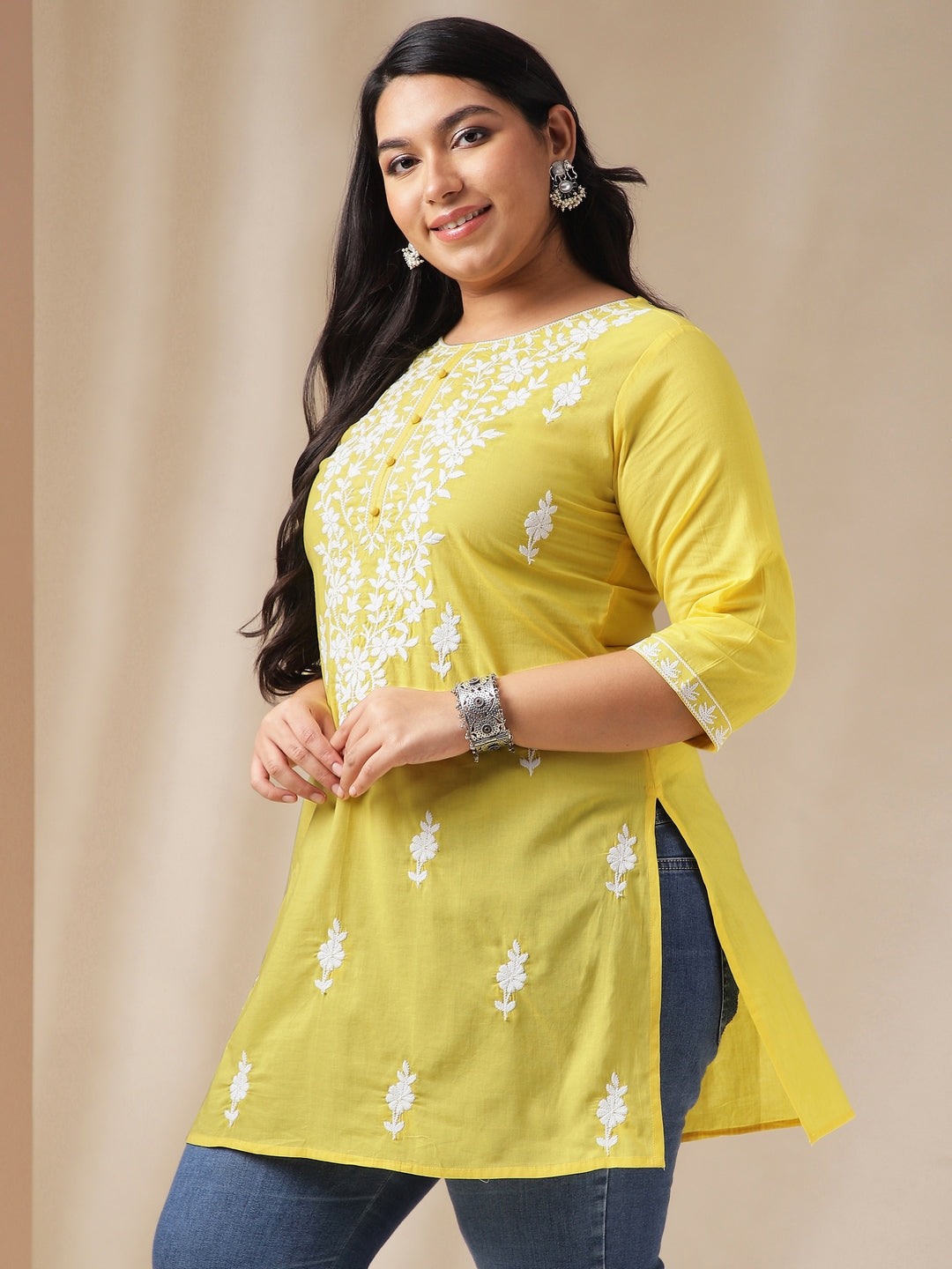 Janasya Regular N/A Yellow Embroidered Round Neck Tunic - Distacart