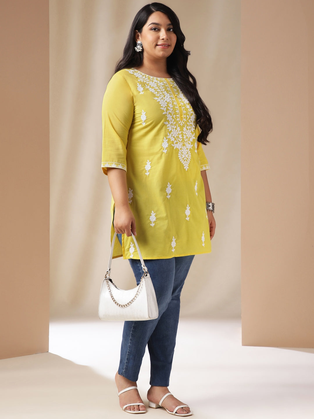 Janasya Regular N/A Yellow Embroidered Round Neck Tunic - Distacart