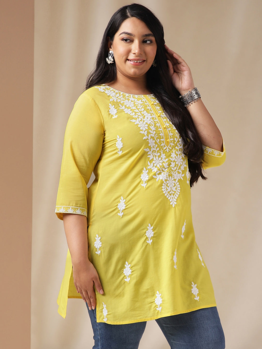 Janasya Regular N/A Yellow Embroidered Round Neck Tunic - Distacart