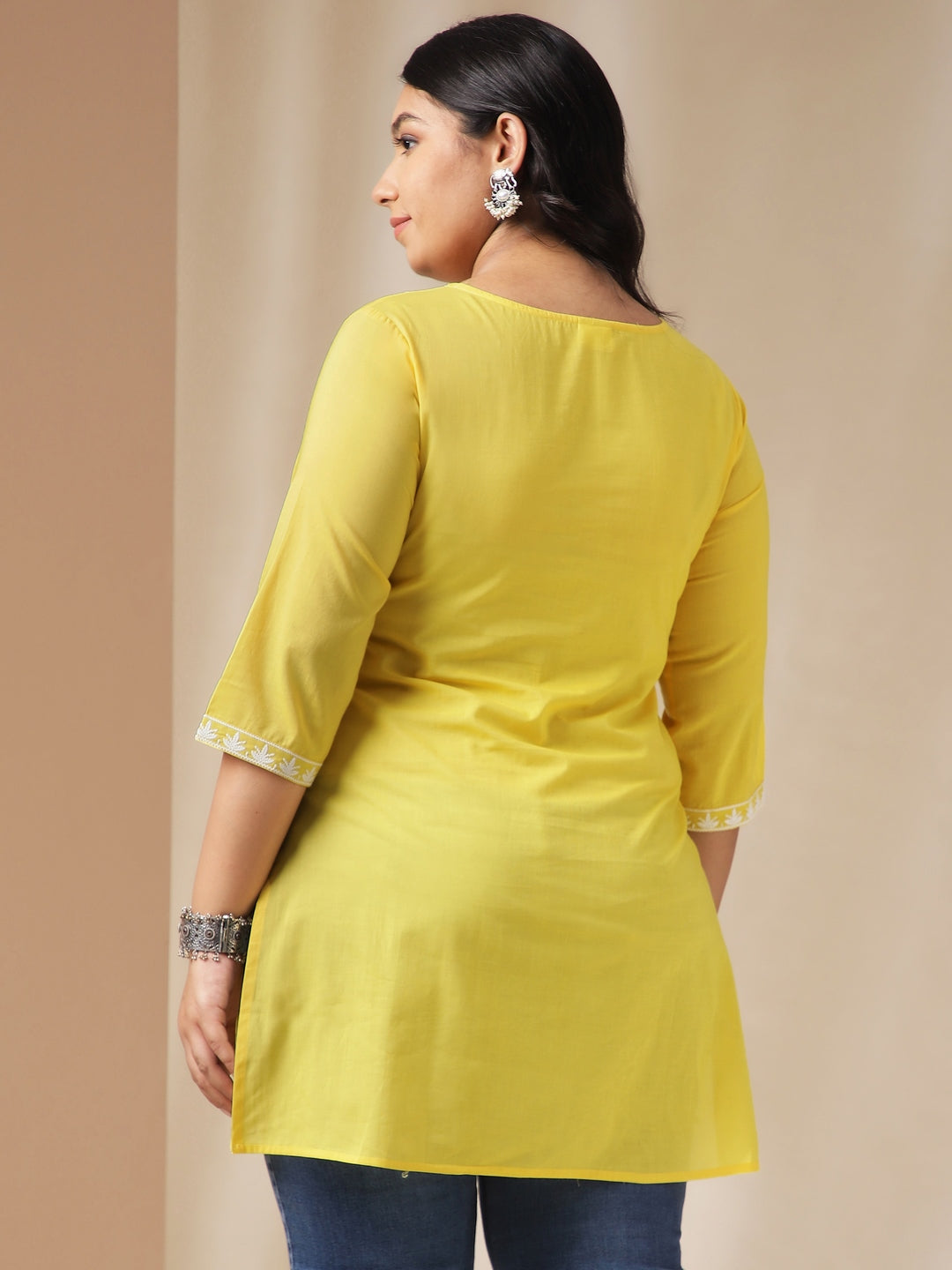 Janasya Regular N/A Yellow Embroidered Round Neck Tunic - Distacart