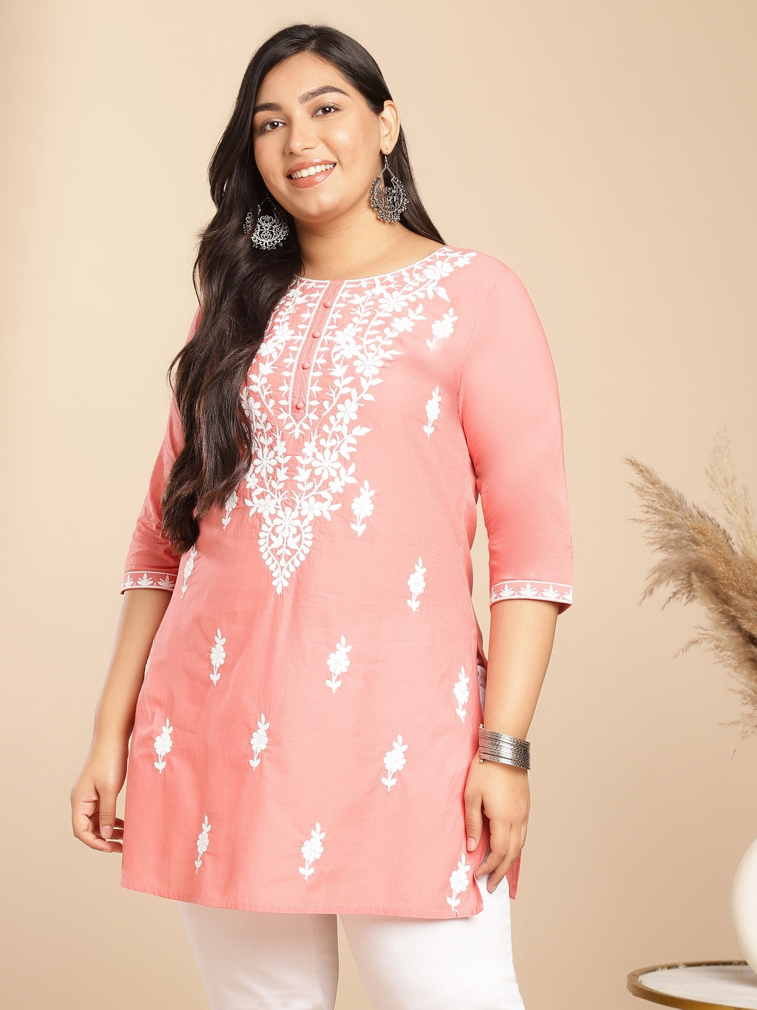 Janasya Regular Cambric Peach Embroidered Round Neck Tunic - Distacart