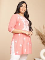 Thumbnail for Janasya Regular Cambric Peach Embroidered Round Neck Tunic - Distacart