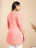 Thumbnail for Janasya Regular Cambric Peach Embroidered Round Neck Tunic - Distacart