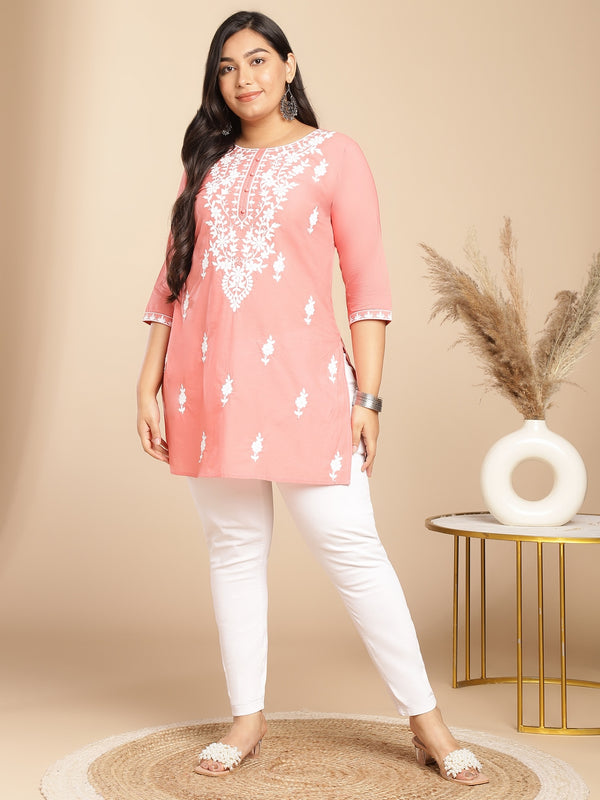 Janasya Regular Cambric Peach Embroidered Round Neck Tunic - Distacart
