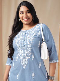 Thumbnail for Janasya Regular Cambric Blue Embroidered Round Neck Tunic