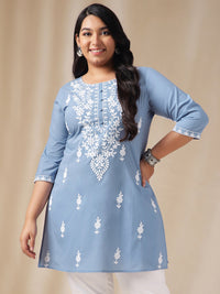 Thumbnail for Janasya Regular Cambric Blue Embroidered Round Neck Tunic