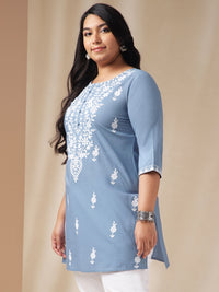 Thumbnail for Janasya Regular Cambric Blue Embroidered Round Neck Tunic