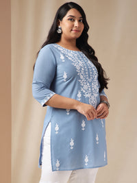 Thumbnail for Janasya Regular Cambric Blue Embroidered Round Neck Tunic