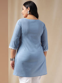 Thumbnail for Janasya Regular Cambric Blue Embroidered Round Neck Tunic