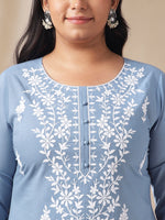Thumbnail for Janasya Regular Cambric Blue Embroidered Round Neck Tunic - Distacart
