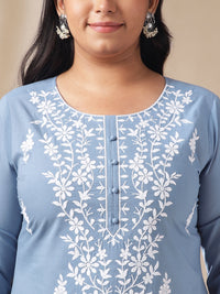 Thumbnail for Janasya Regular Cambric Blue Embroidered Round Neck Tunic