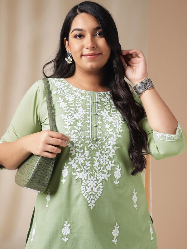 Janasya Regular Cambric Sage Embroidered Round Neck Tunic - Distacart