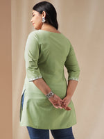 Thumbnail for Janasya Regular Cambric Sage Embroidered Round Neck Tunic - Distacart