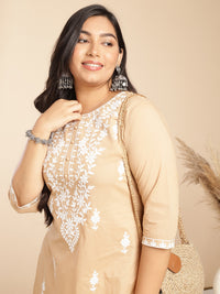 Thumbnail for Janasya Straight Cambric Cream Embroidered Round Neck Tunic