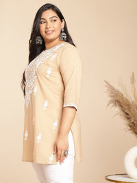 Thumbnail for Janasya Straight Cambric Cream Embroidered Round Neck Tunic