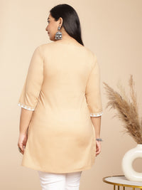 Thumbnail for Janasya Straight Cambric Cream Embroidered Round Neck Tunic
