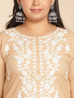 Thumbnail for Janasya Straight Cambric Cream Embroidered Round Neck Tunic - Distacart