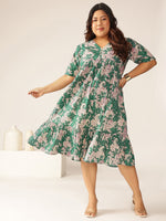 Thumbnail for Janasya Dark Cotton Floral Tiered Dress
