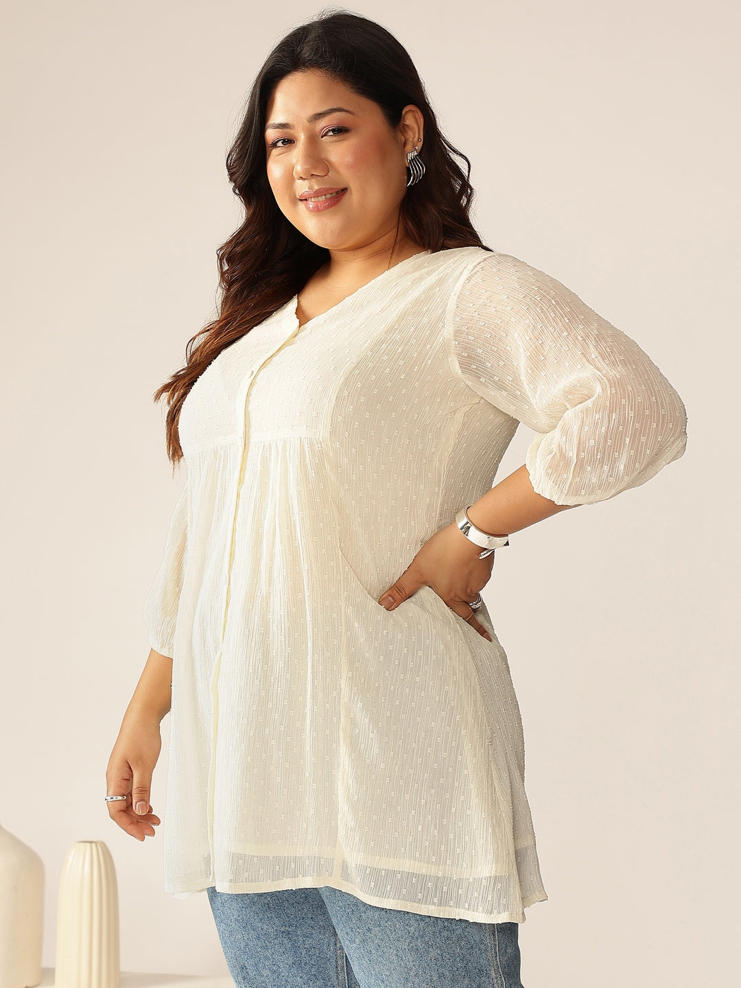 Janasya Light Dobby Chiffon Self Design A-Line Tunic