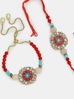 Thumbnail for NVR Women & Men Set of 2 Red-colored Stone-Studded & Beaded Bhaiya Bhabhi Rakhi With Roli Chawal & Chocolate - Distacart