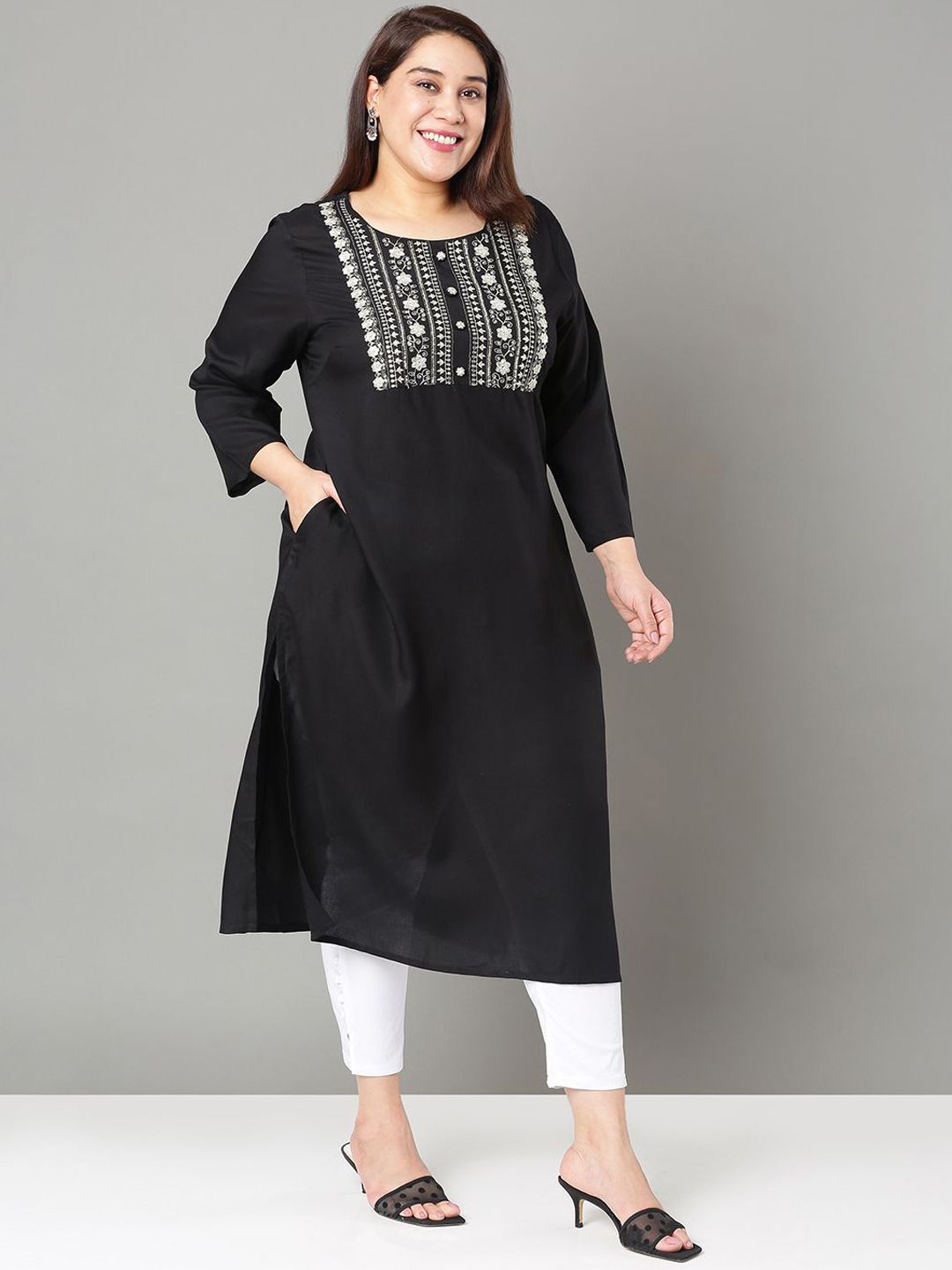 Sztori Floral Embroidered Yoke Design Sequined Straight Kurta - Distacart