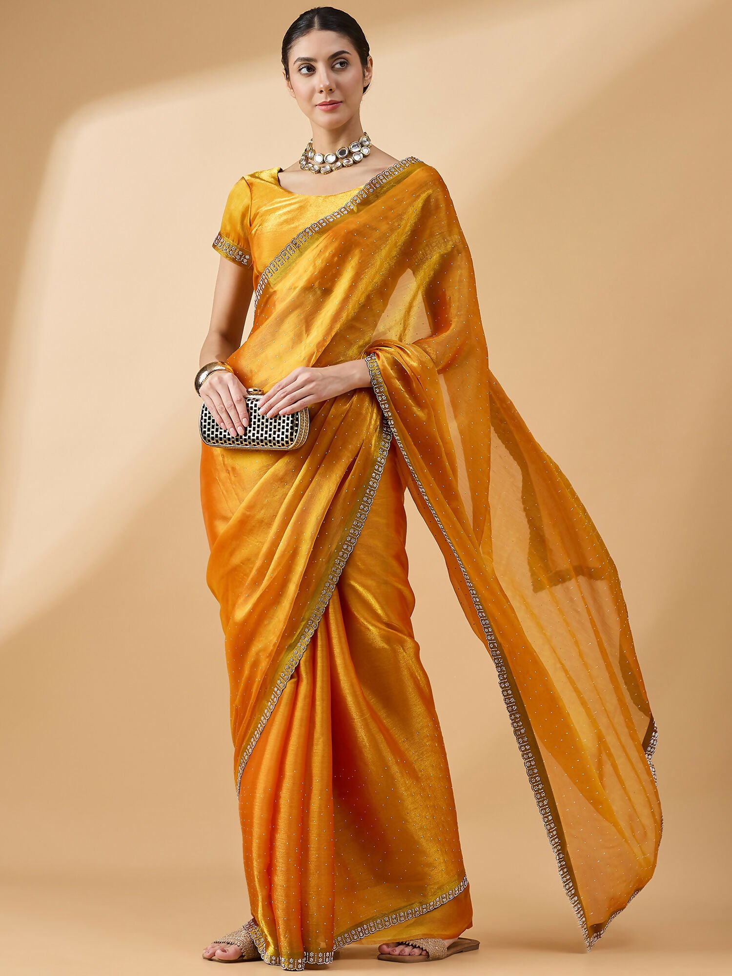 Mustard Organza Swaroski Diamond Work Saree with Unstitched Blouse - Radha - Distacart
