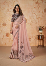 Thumbnail for Peach Crepe Satin Silk Thread, Sequence, Cord Embroidered with Stone Work Saree - Mohmanthan Dakshika - Distacart
