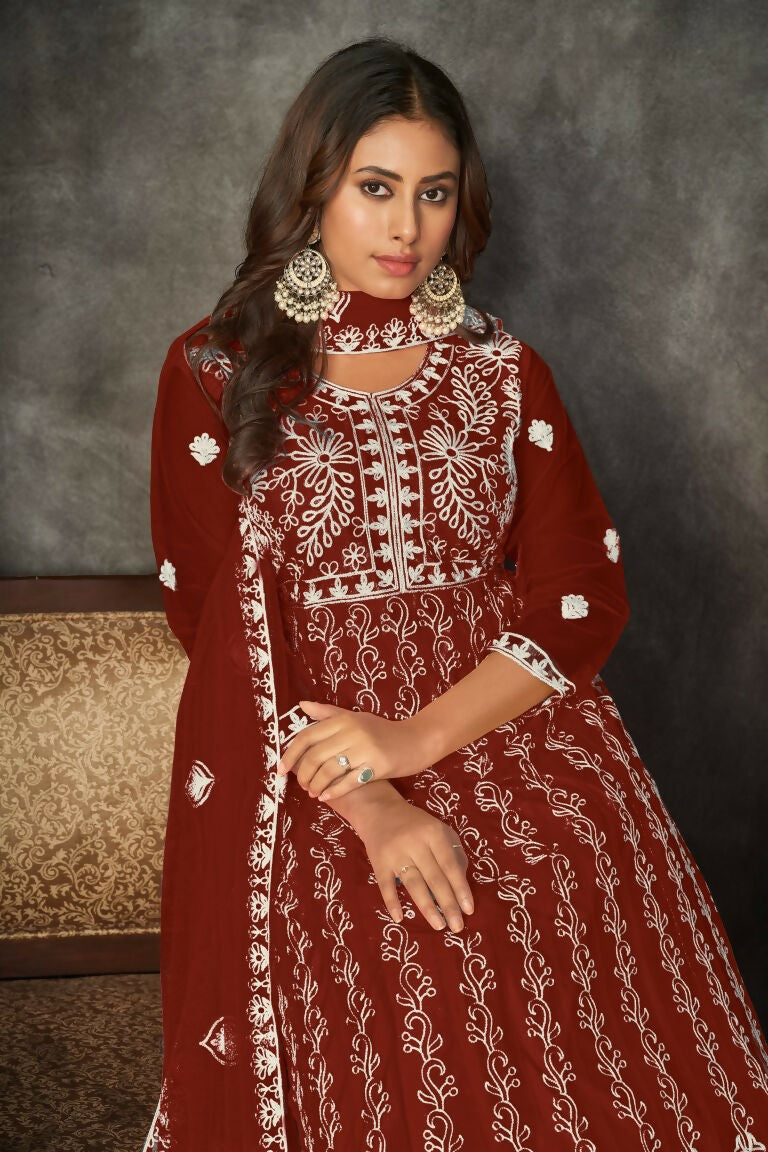 Jyoti Fashion Women's Maroon Net Embroidered Anarkali Kurta Pant Set With Dupatta