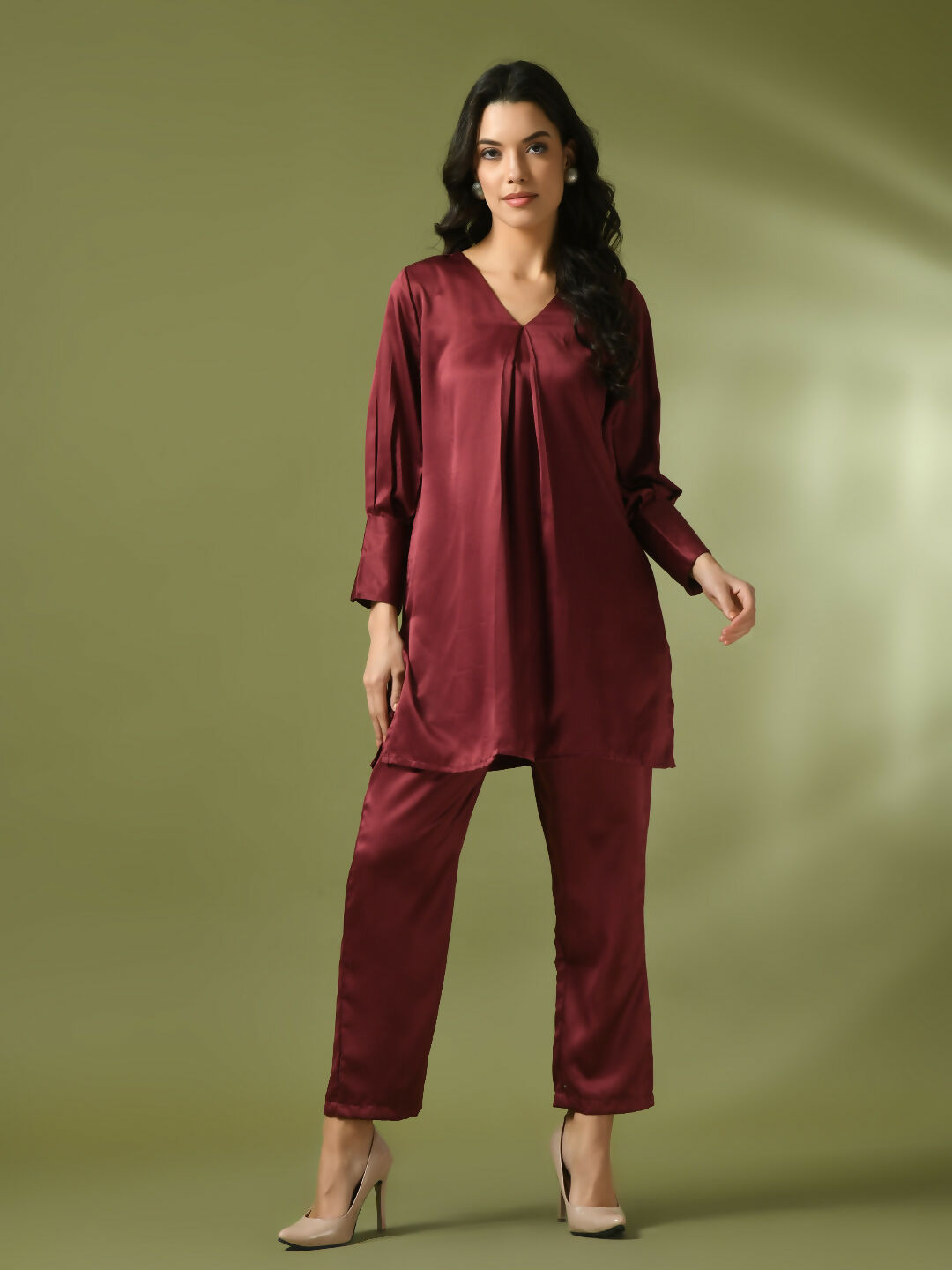 Myshka Women's Maroon Solid Satin V-Neck Party Tunic With Trousers Co-ord set - Distacart
