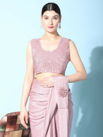 Thumbnail for Pink Imported Crush Lycra Texture Pattern Ready to Wear Saree with stitched Blouse - Nirvana - Distacart