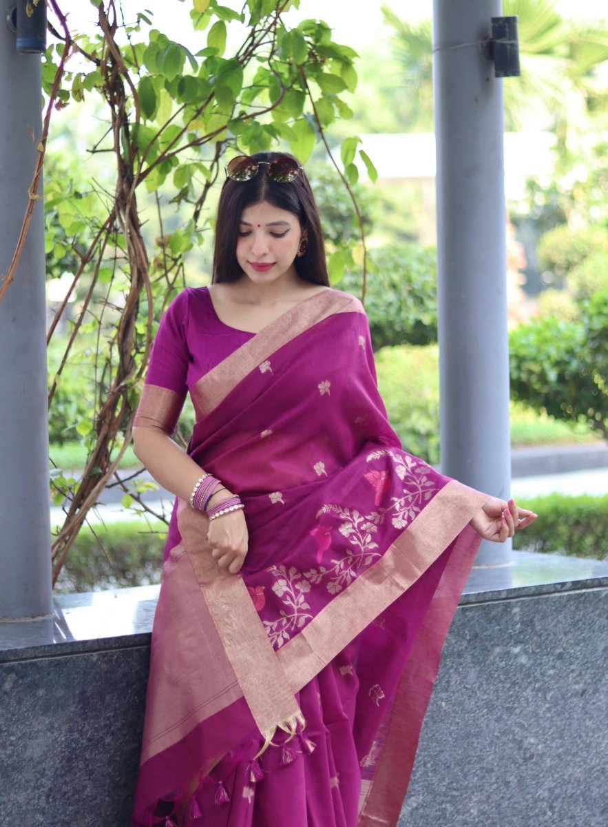 Aastha Fashion Wine Thread Woven Cotton Silk Saree with Blouse - Distacart