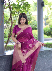 Thumbnail for Aastha Fashion Wine Thread Woven Cotton Silk Saree with Blouse - Distacart