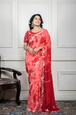 Thumbnail for Morchari Red Crepe Hand Embroidery Saree And Stitched Blouse