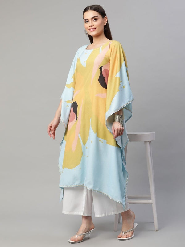 Ahalyaa Women Yellow Crepe Digital Printed Kaftan Kurta with Palazzos - Distacart