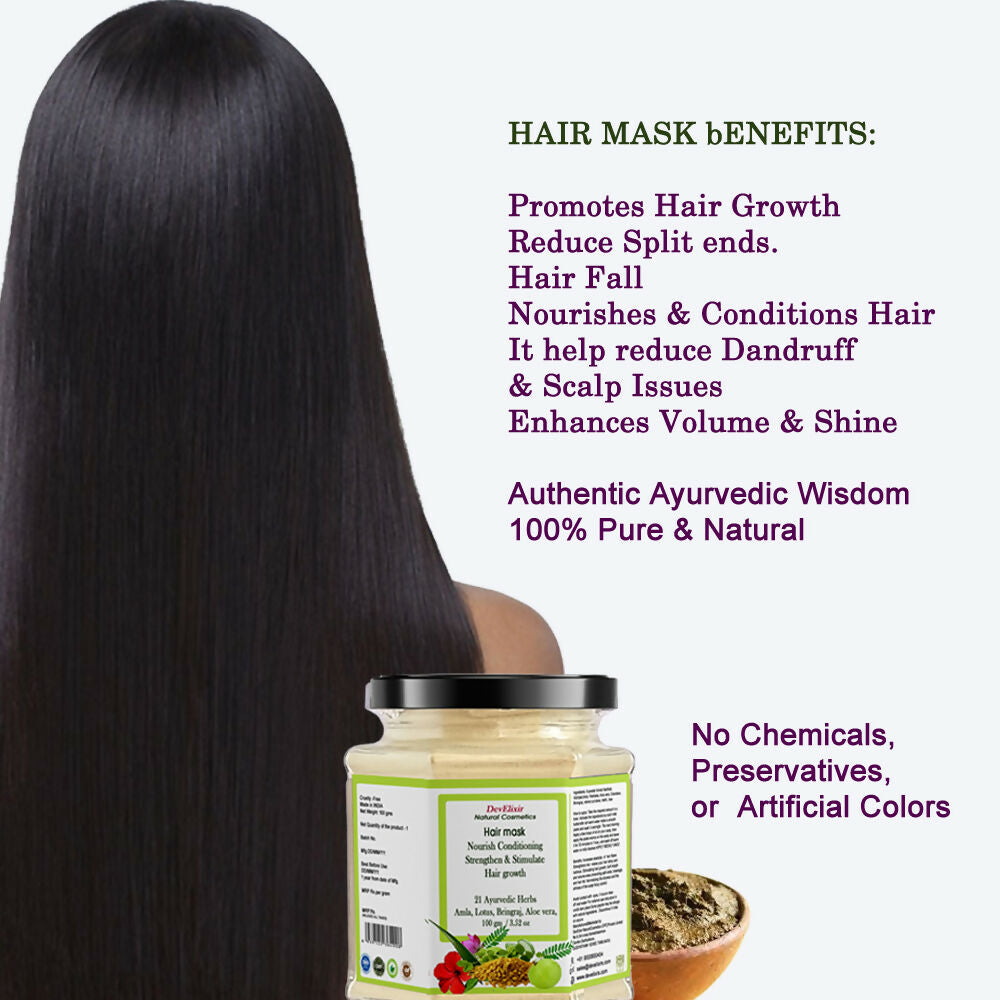 the power of 21 herbs with Dev Elixir Kerala Ayurvedic Hair Mask. It deeply nourishes and strengthens for thick, long, and lustrous hair