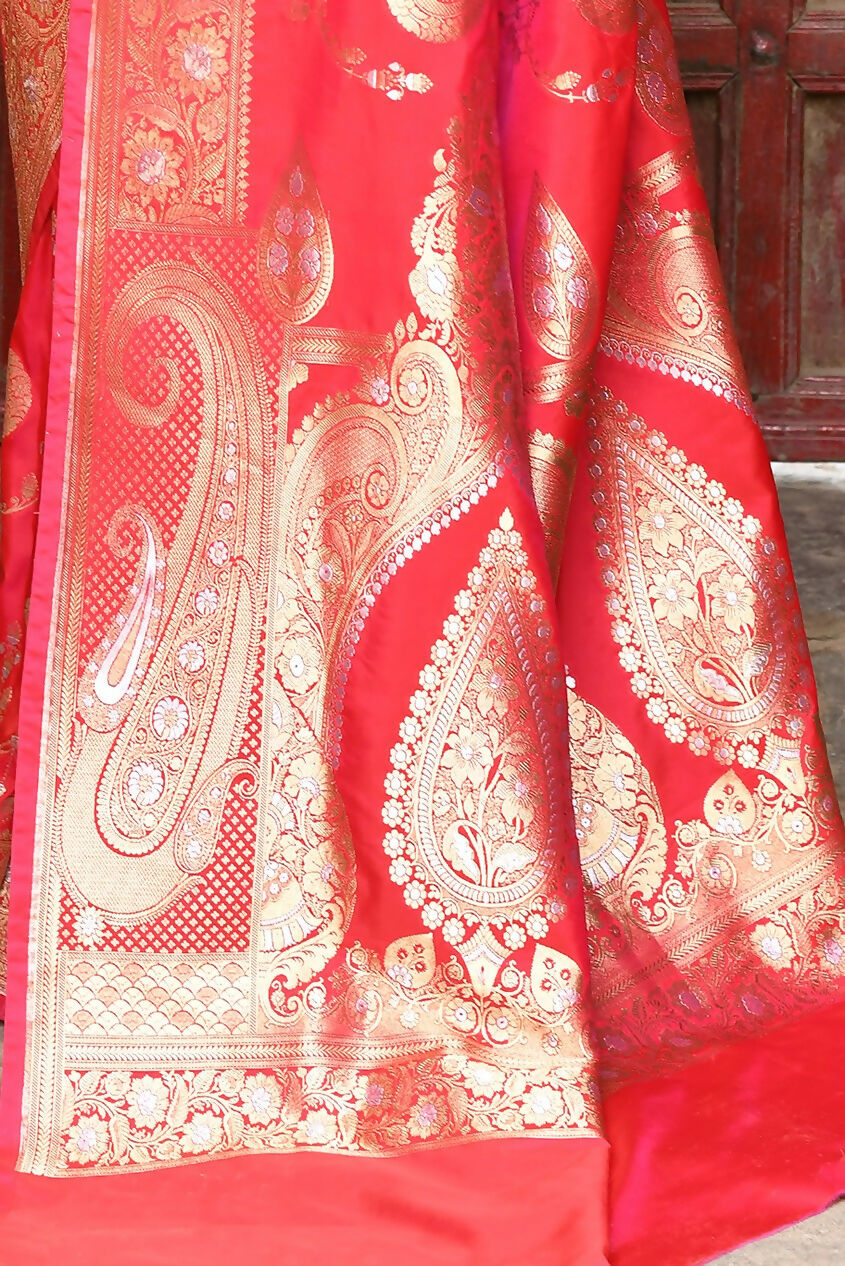 Joban Fashion Red Soft Pure Handloom Banarasi Silk Saree