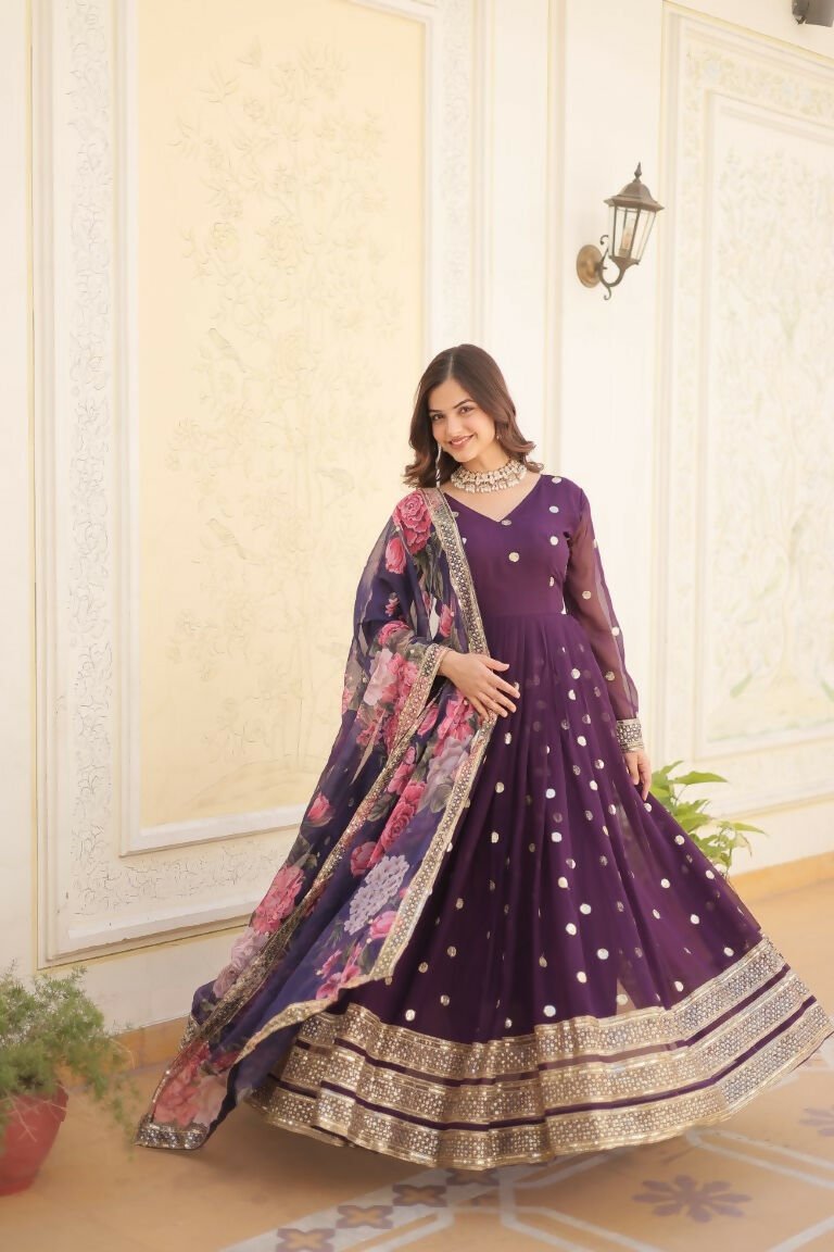 Aastha Fashion Women's Purple Faux Georgette Embroidery Zari Sequins-work Gown with Dupatta