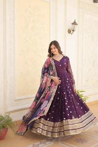 Thumbnail for Aastha Fashion Women's Purple Faux Georgette Embroidery Zari Sequins-work Gown with Dupatta