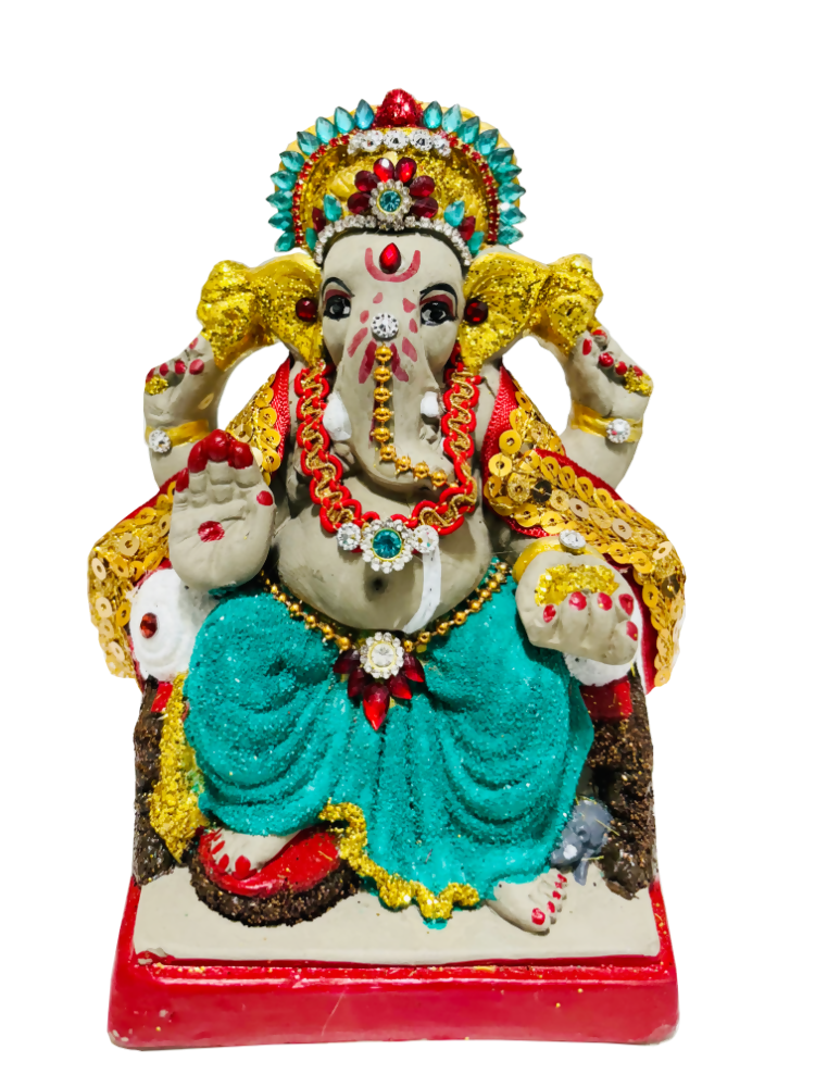 Eco-Friendly Ganesh Idol Small (Non-Toxic Colors) With Kumkum & Akshat - Limited Time Offer - Distacart