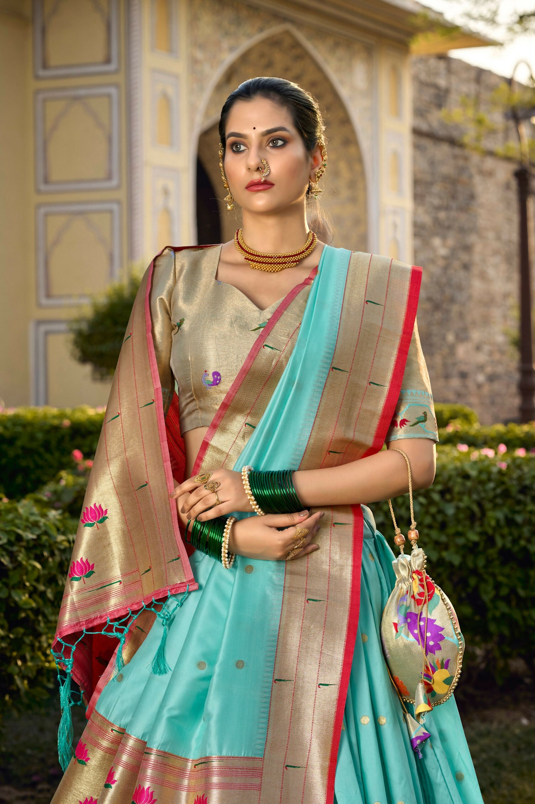 Vastranavya Traditional Jacquard Silk Paithani Lehenga Choli - Sky Blue - Distacart