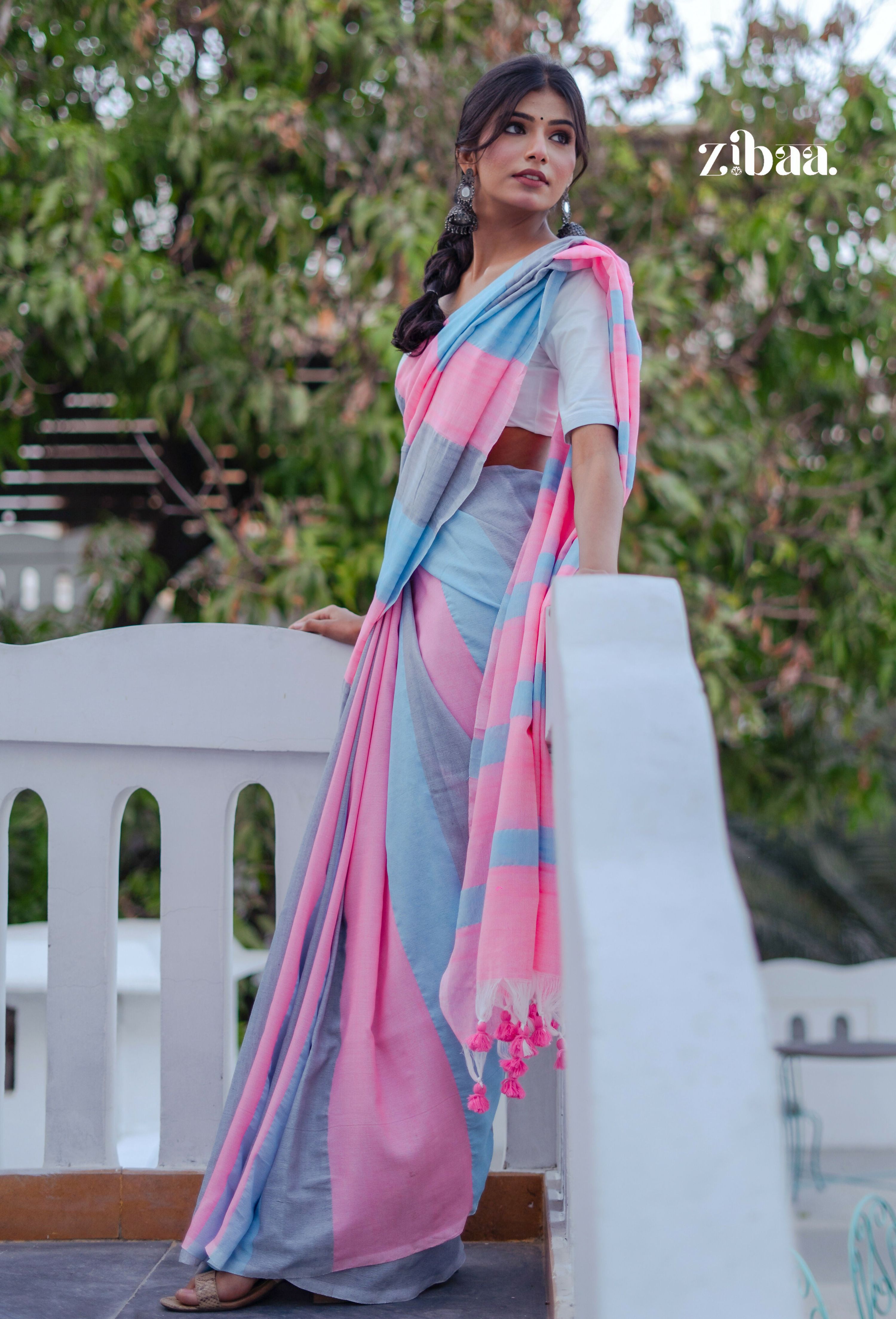 Zibaa Hand-Dyed Mul Cotton Striped Saree with Tassels