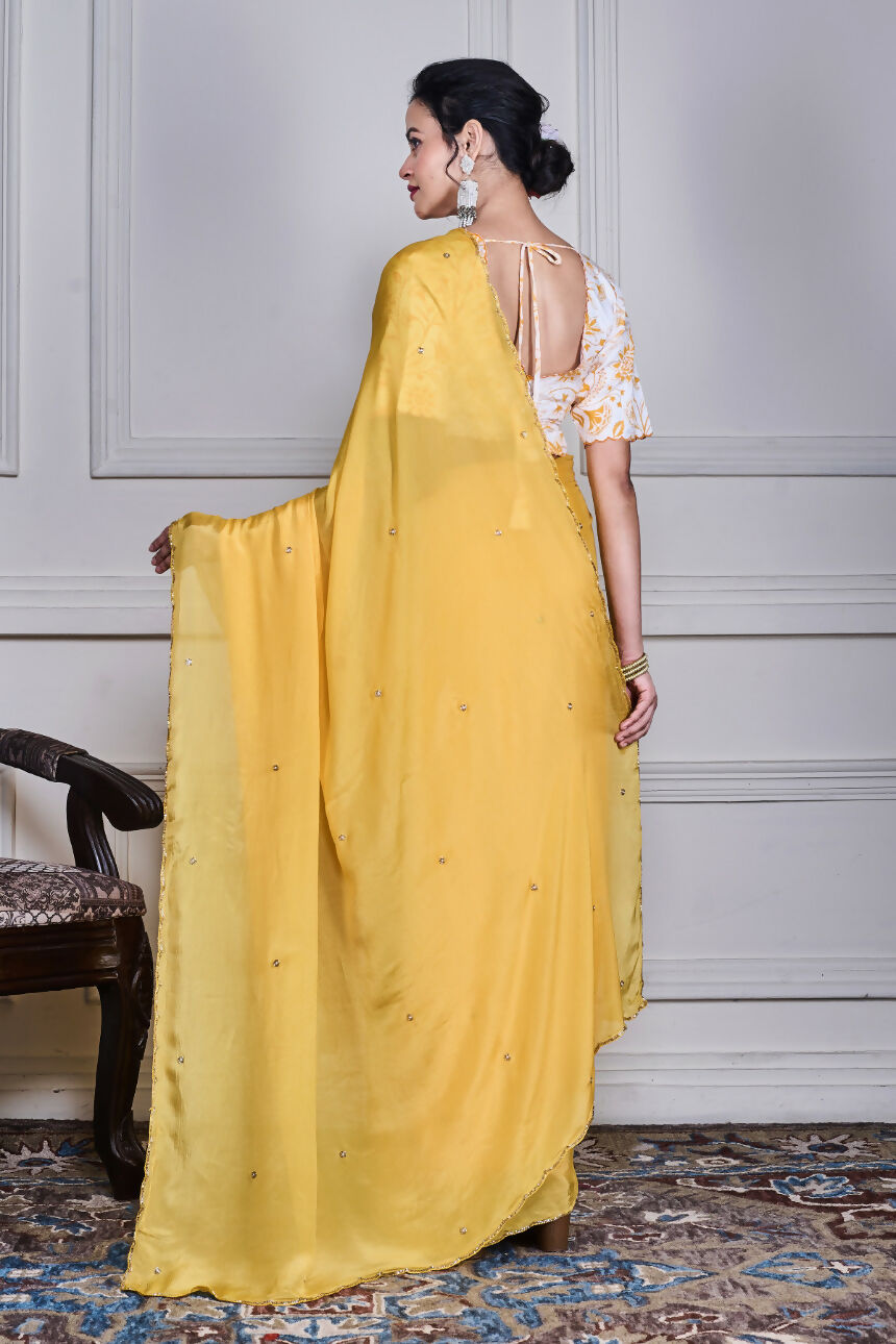 Morchari Yellow Chiffon Hand Embroidery Saree And Stitched Blouse