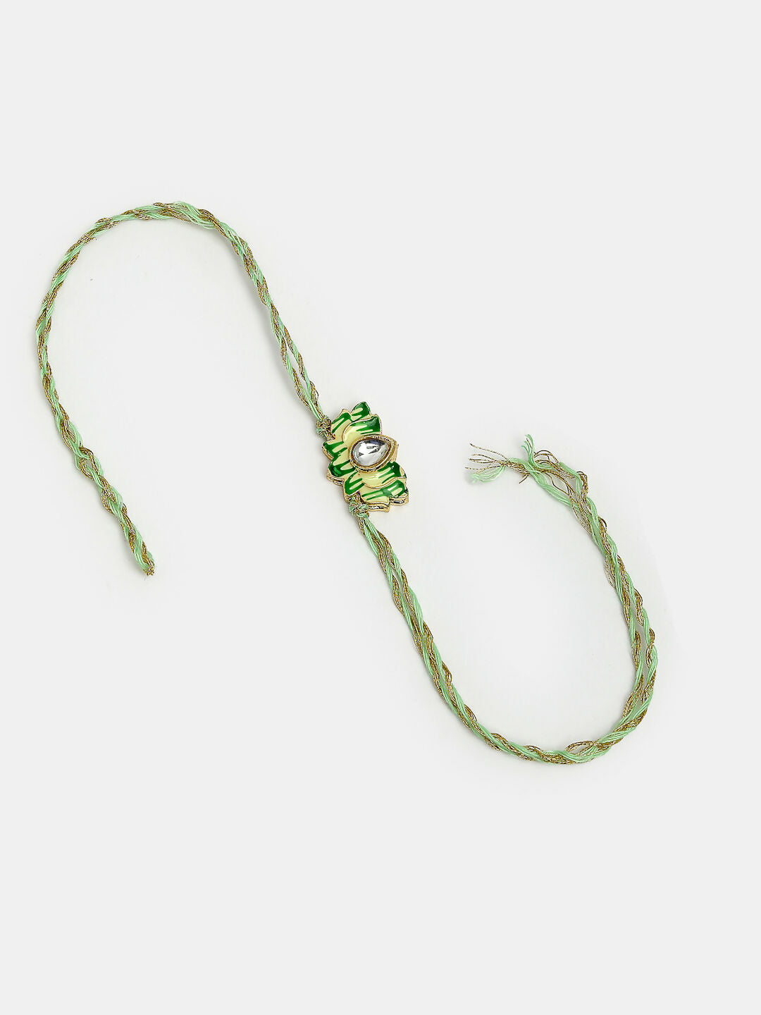 NVR Women & Men Set of 2 Green Lotus Shape Kundan-Studded & Beaded Handcrafted Wraparound Rakhi Set With Roli Chawal - Distacart