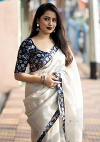 Thumbnail for Cream Pure Linen Ethnic Motifs Saree with Unstitched Blouse - A2M