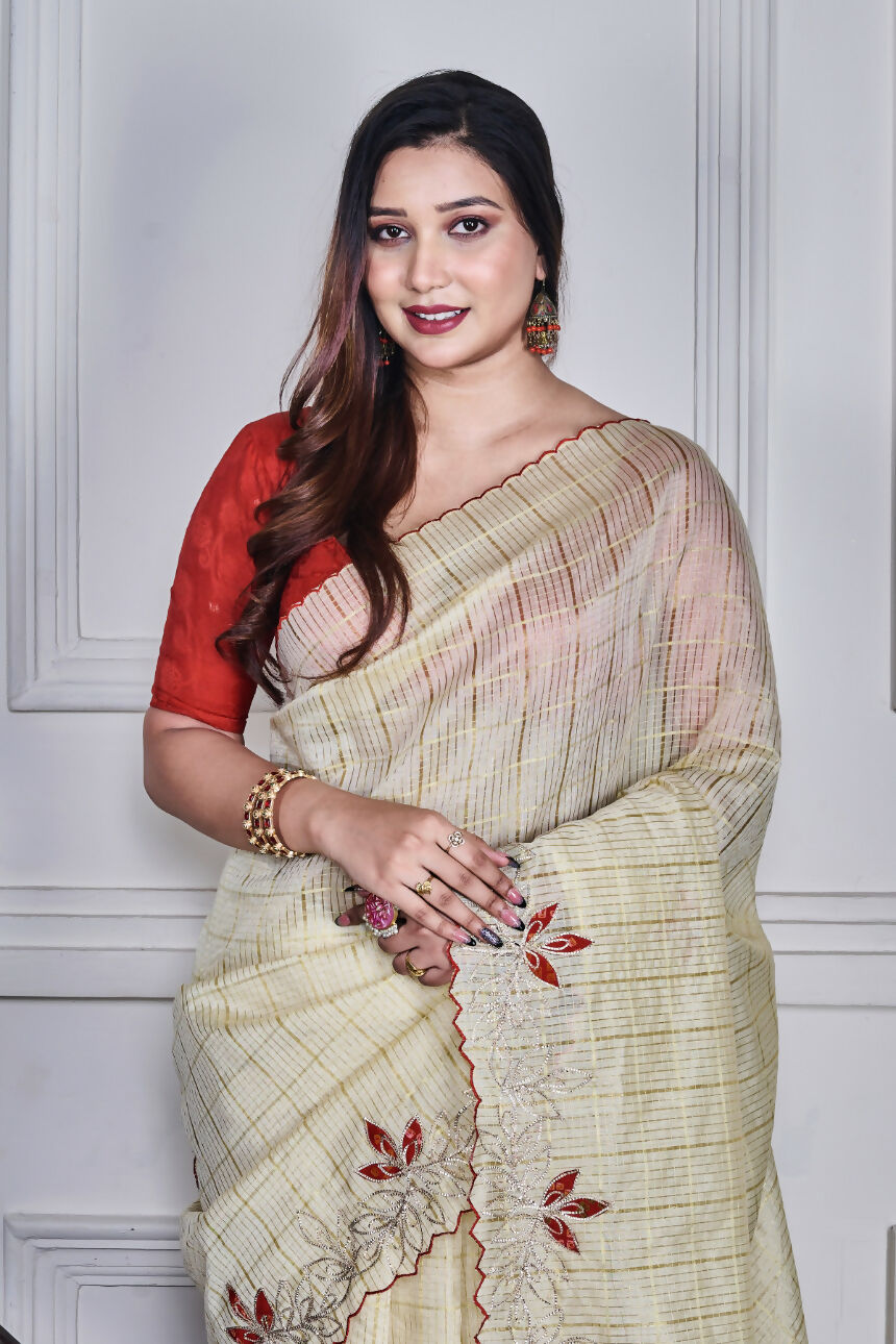 Morchari Beige Kota Check Zari Embroidery Saree Unstitched Blouse