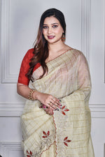 Thumbnail for Morchari Beige Kota Check Zari Embroidery Saree Unstitched Blouse